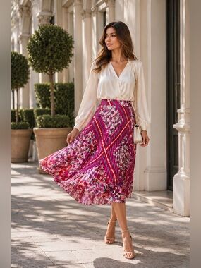 ELIE TAHARI Delilah Floral Pleated Midi Skirt, Size 4 NWT